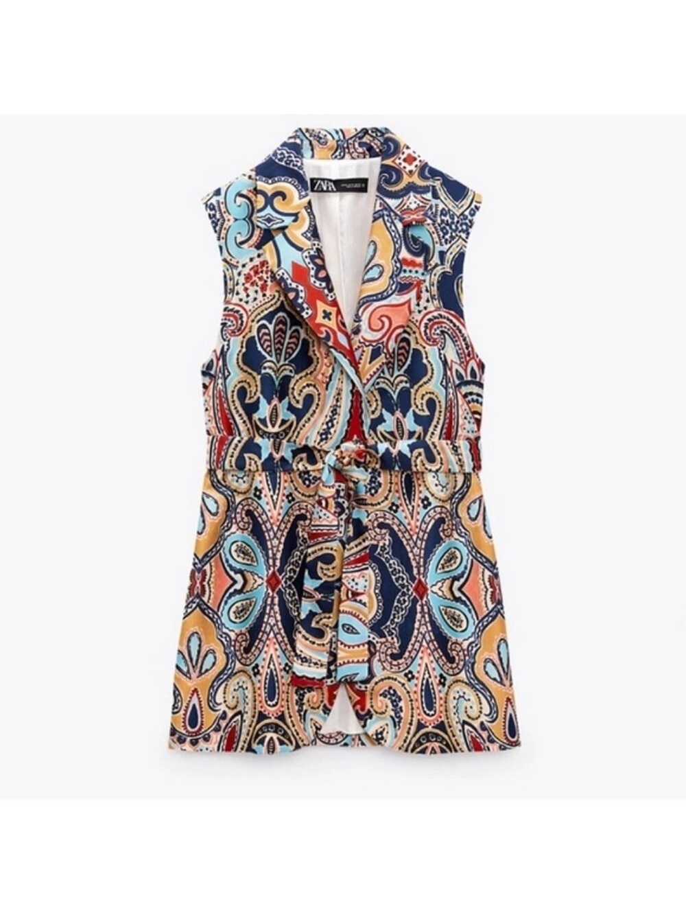 Zara Navy Coral Teal Paisley Sleeveless Wrap Tunic